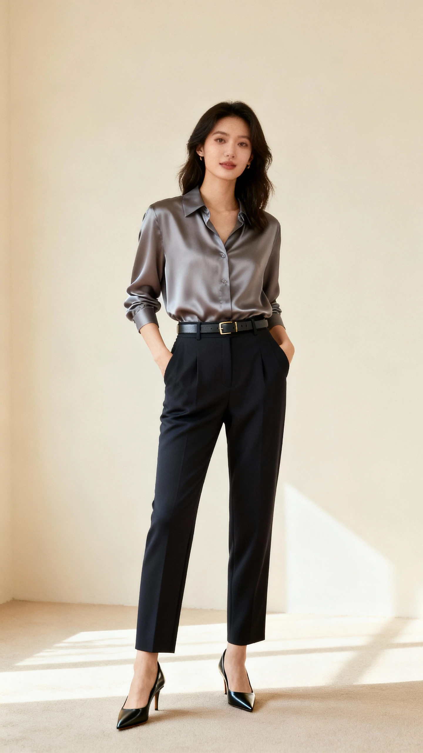 Fashion photo of a woman wearing a silk blouse tucked into tailored trousers, slim belt, pointed-toe pumps, cream background, soft studio lighting, hands-in-pockets natural pose, clean composition, quiet-luxury aesthetic.