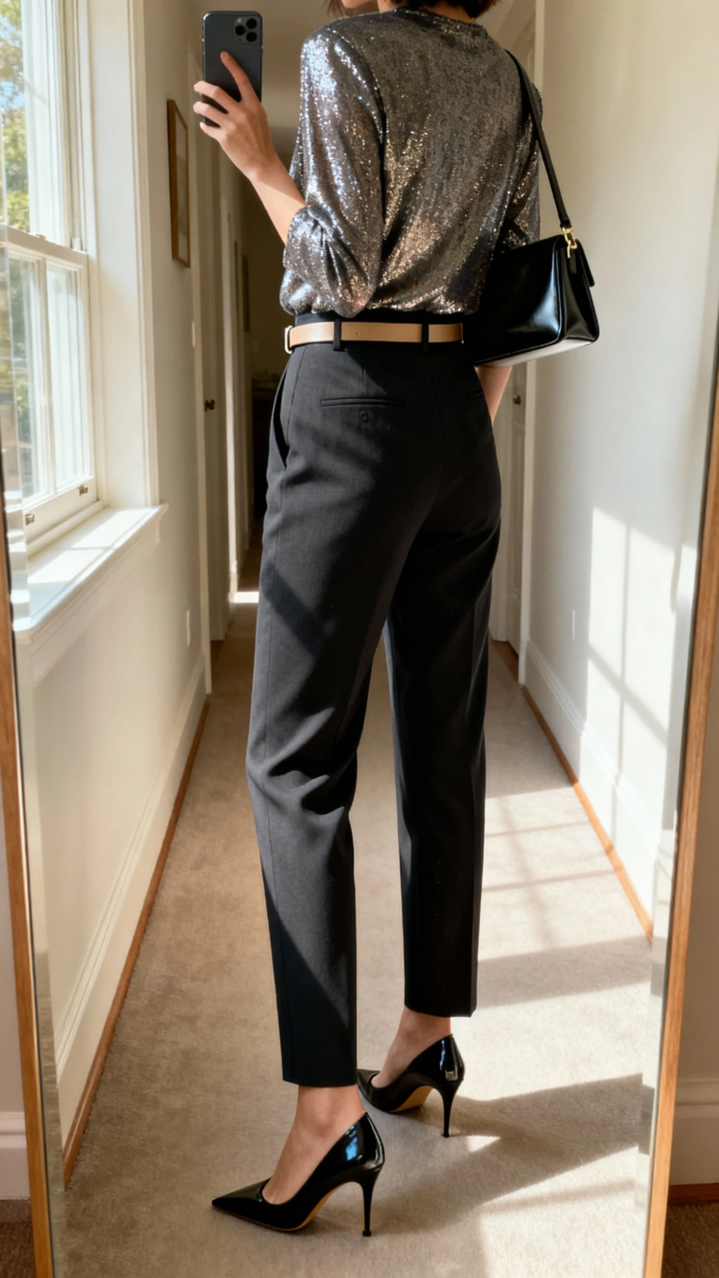 iPhone back-view mirror selfie of a woman wearing tailored trousers with a shimmery top, pointed party pumps, a simple belt, and a sleek shoulder bag, face not visible, hallway full-length mirror, morning light from a window, iPhone photo quality.