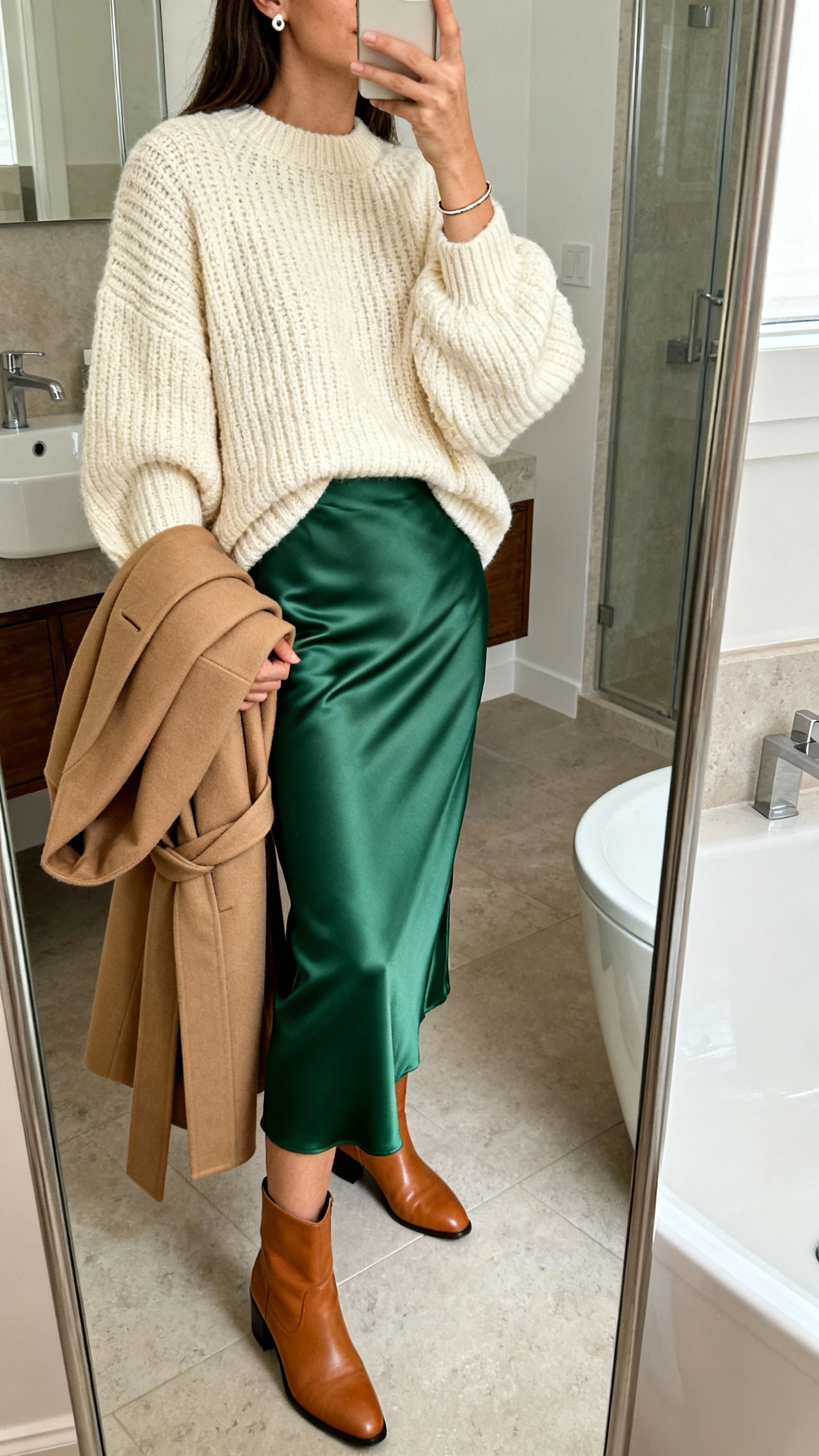 iPhone side-angle mirror selfie of a woman in an oversized cream chunky knit sweater, forest green bias-cut satin midi skirt, tan leather ankle boots, a camel tailored wrap coat draped over arm, simple stud earrings and a slim bracelet; face not visible, bathroom full-length mirror, soft indoor lighting, iPhone photo quality.