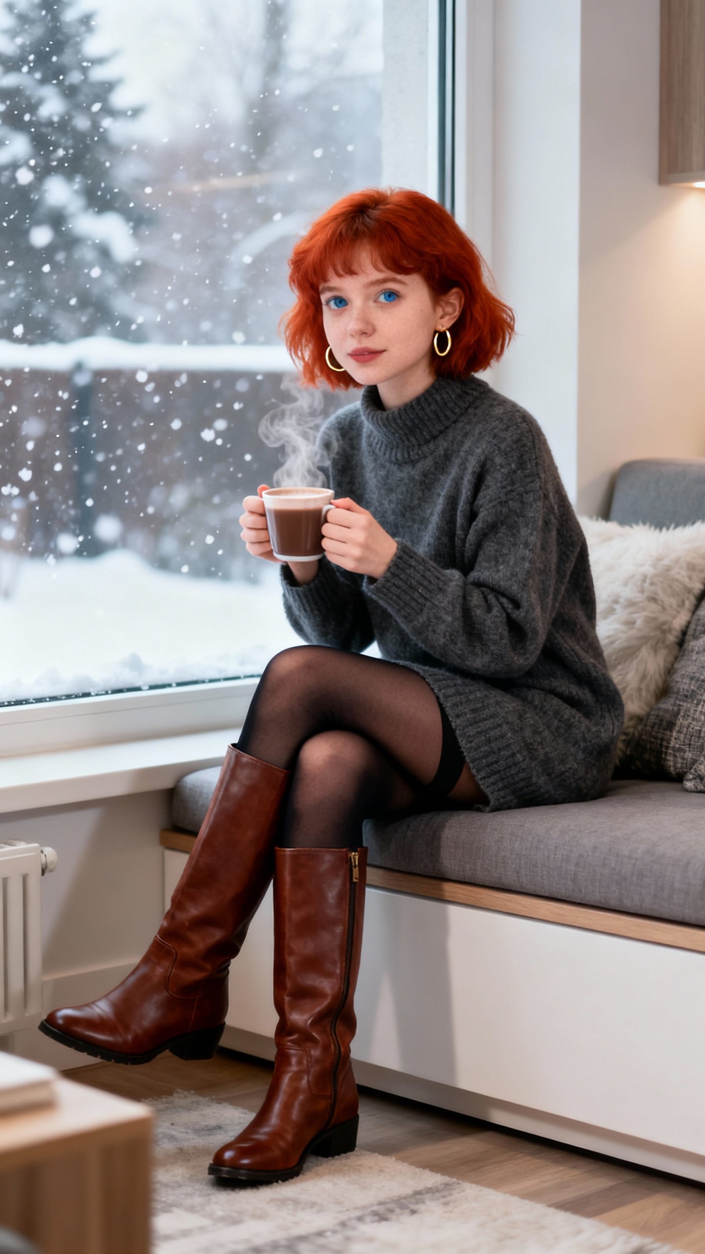 Red-haired woman, blue eyes, petite, charcoal cashmere mid-thigh sweater dress, sheer black fleece tights, chestnut leather knee-high boots, minimal gold hoops, steaming cocoa in a cozy modern living room window seat with falling snow outside, soft natural light, editorial style.