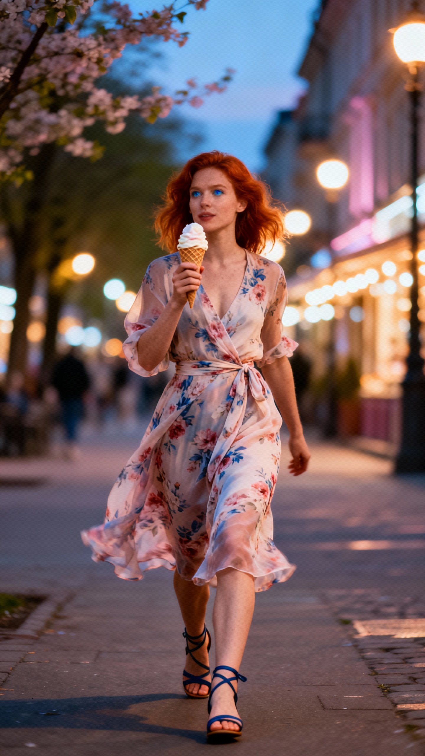 Redhead with blue eyes, athletic, chiffon floral midi wrap dress, ankle-strap sandals, late-night gelato stroll under city lights, spring.