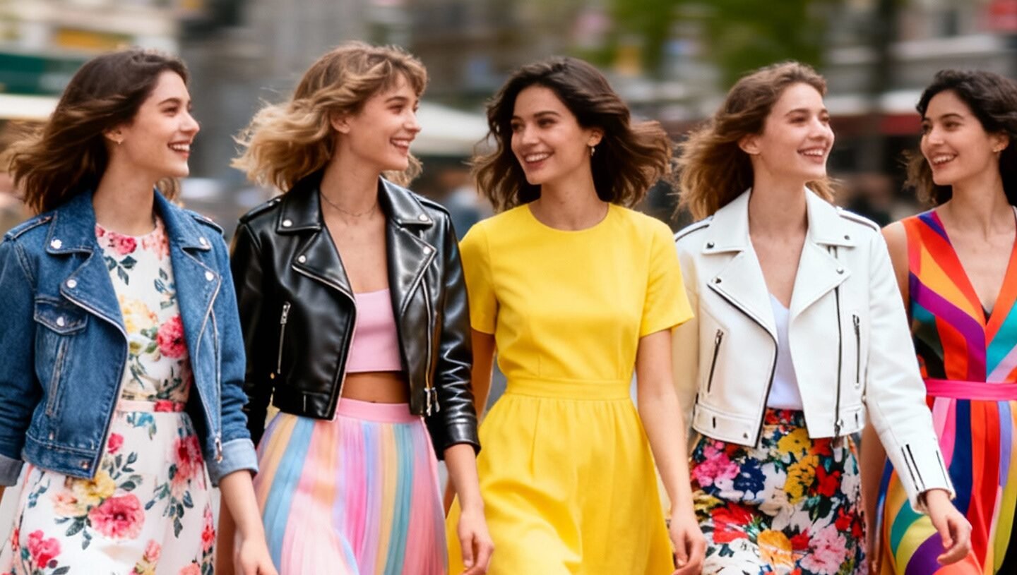 5 beautiful women in the city wearing Colorful Spring outfits, with dresses, leather jackets, skirts and high-heels.